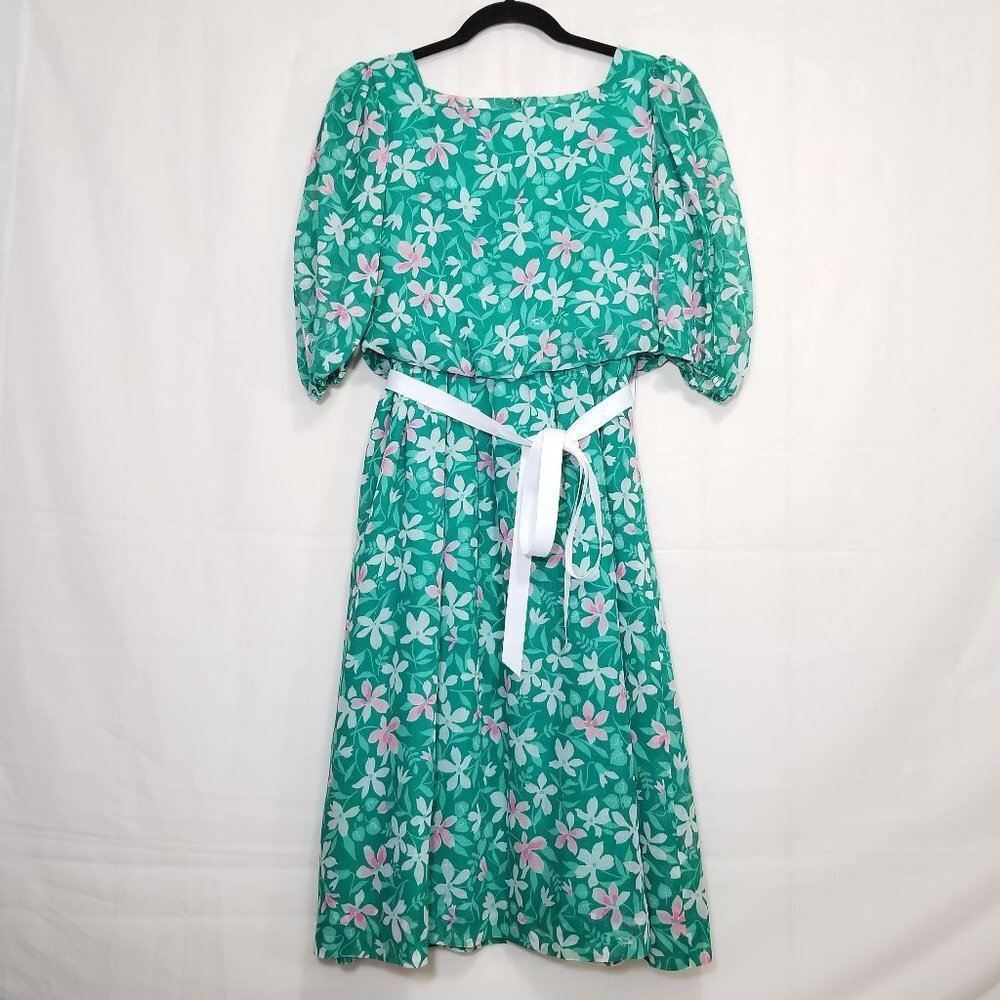 Vintage Kappi midi tea dress green sz 6 floral print 3/4 sleeve union made FLAW
